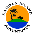 Samoan Island Adventure's logo of a 4wd van driving through lush rainforset with palm tress and sunset in the background and blue ocean in the foreground.