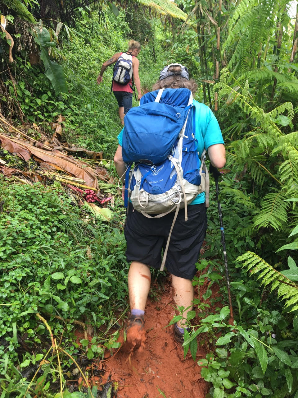 Picture of two hikers on the way through tropical rainforest to Lake Lanoto'o Samoa.
